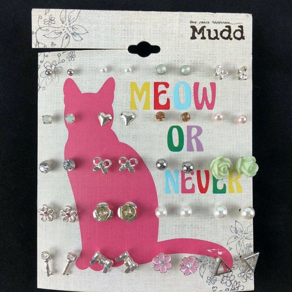 Mudd Stud Earrings Gift Set 20 Pairs Silver-tone Studs Meow or Never - Picture 1 of 1